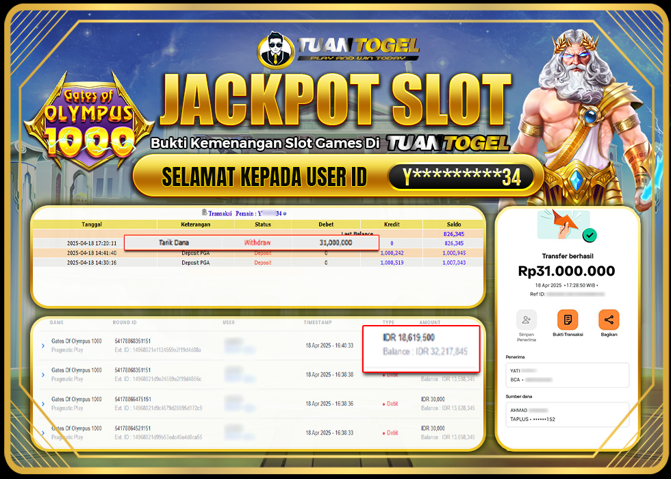 TUANTOGEL JACKPOT SLOT GATES OF OLYMPUS 1000 Rp31.000.000