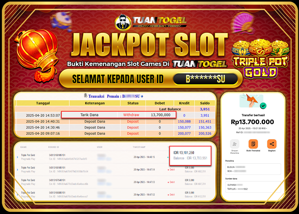 TUANTOGEL JACKPOT SLOT TRIPLE POT GOLD Rp13.700.000