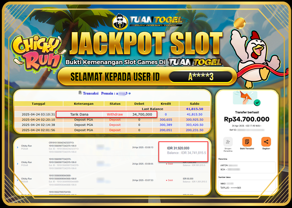 TUANTOGEL JACKPOT SLOT CHICKY RUN Rp34.700.000