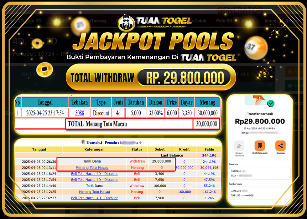 TUANTOGEL JACKPOT TOGEL TOTO MACAU Rp29.800.000