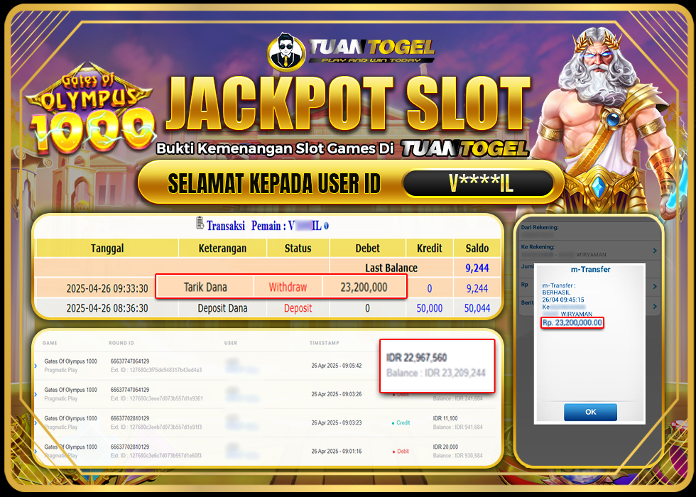 TUANTOGEL JACKPOT SLOT GATES OF OLYMPUS 1000 Rp23.200.000