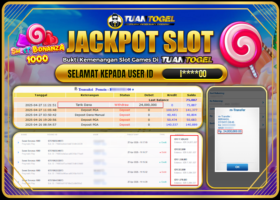 TUANTOGEL JACKPOT SLOT SWEET BONANZA 1000 Rp24.000.000