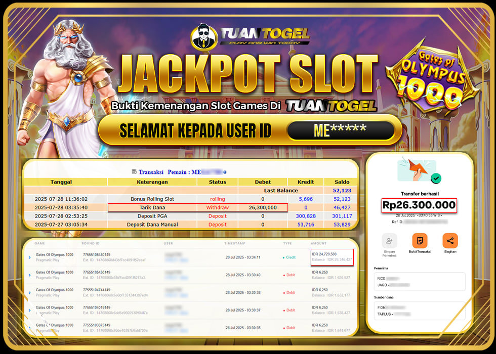 TUANTOGEL JACKPOT SLOT GATES OF OLYMPUS 1000 Rp26.300.000,- LUNAS