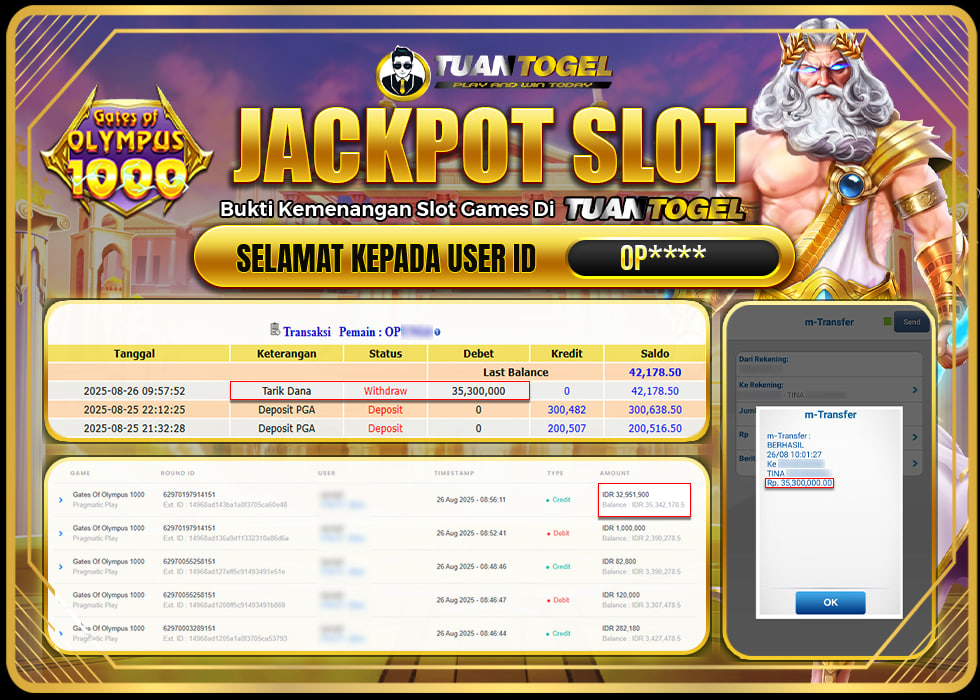 TUANTOGEL JACKPOT SLOT GATES OF OLYMPUS 1000 Rp35.300.000,- LUNAS