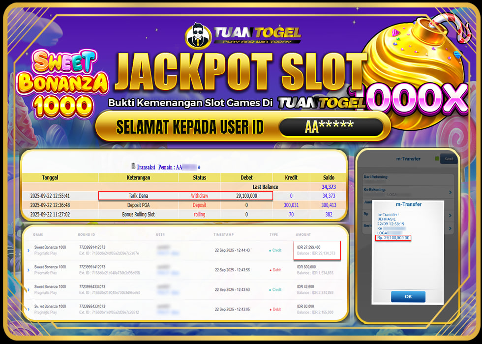 TUANTOGEL JACKPOT SLOT SWEET BONANZA 1000  Rp29.100.000, - LUNAS 